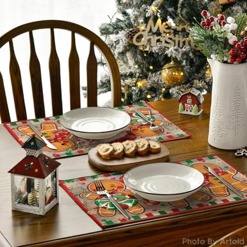 Artoid Mode Wood Gingerbread Candy Cane Christmas Placemats for Dining Table, 12 x 18 Inch Seasonal Winter Washable Table Mats Set of 6