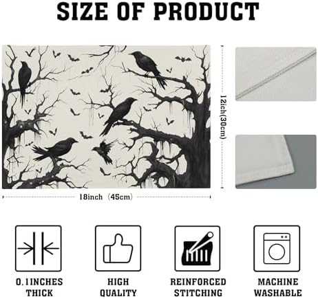 Crow Halloween Placemats Set of 4 18x12 Inch Ravens and Bats in Forest Linen Place Mats Heat-Resistant Washable Wipeable Holiday Table Mat for Party Kitchen Dining Room Dinner Table Decor