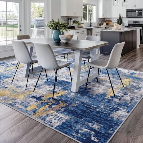 RELEANY Washable 7'x9' Abstract Area Rug for Living Room Blue Gold