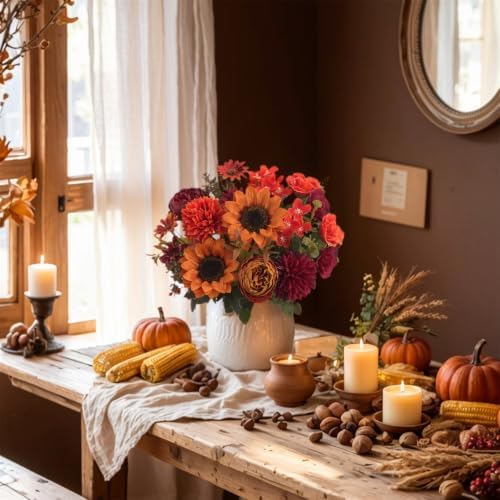 2 Pcs Fall Artificial Sunflower Peony Bouquet, Burnt Orange Burgundy Silk Faux Flower, Autumn Faux Floral Arrangements for Wedding Table Centerpiece Thanksgiving Farmhouse Indoor Outdoor Decor