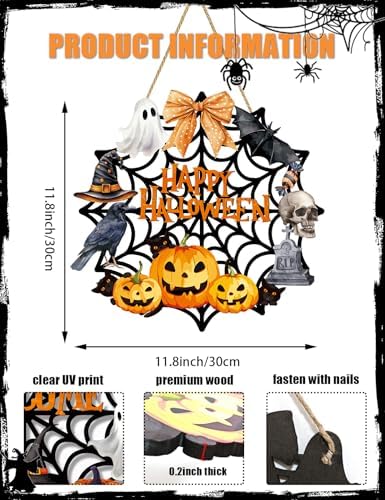 Halloween Wreaths for Front Door Welcome Sign Happy Halloween Wall Decorations Wooden Spider Web Ghost Black Cat Pumpkin Hanging Wall Decor Indoor Holiday Decor
