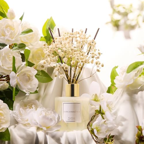 COCORRÍNA Reed Diffuser - Gardenia 6.7 Fl.oz Reed Diffuser Set with Sticks & Preserved Baby's Breath, Reed Diffuser for