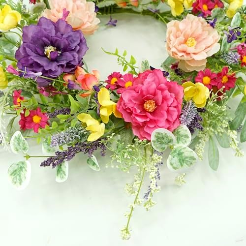 WreathDream Artificial Spring Summer Wreath Peony Wreaths for Front Door with Olive Leaf,Eucalyptus Leaf,Daisy,Lavender for Indoor Outdoor Wall Festival Home Farmhouse Wedding Decor