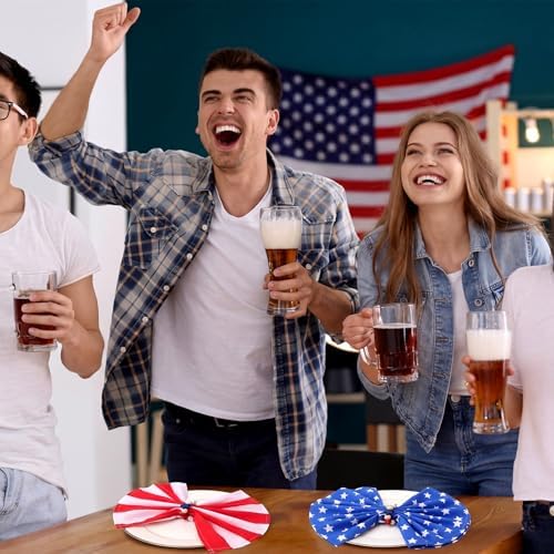 Qinyoung 8 Sets Patriotic Cloth Napkin and Star Napkins Rings 4th of July Wooden Red White and Blue Napkin Ring Holder 250th Anniversary Veterans Day Election Independence Day Table Decoration