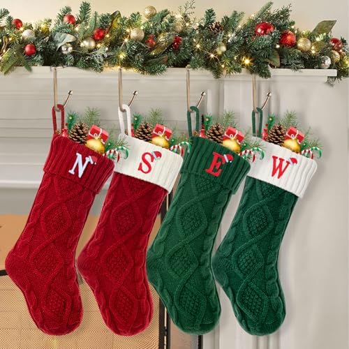 Christmas Stockings with Initials, Letter A Embroidered Xmas Stockings, 18" Large Monogram Knitted Xmas Stocking, Christmas Party Fireplace Family Hanging Stocking Decorations 1Pcs White-Red