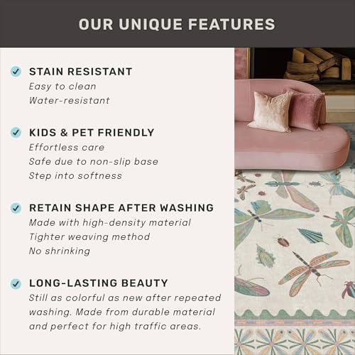 Hazo Haus Green and Blue Insect 6ft Round Soft Rugs for Nursery, Bedroom Beside Bed - Non Skid Rug Low Pile Washable