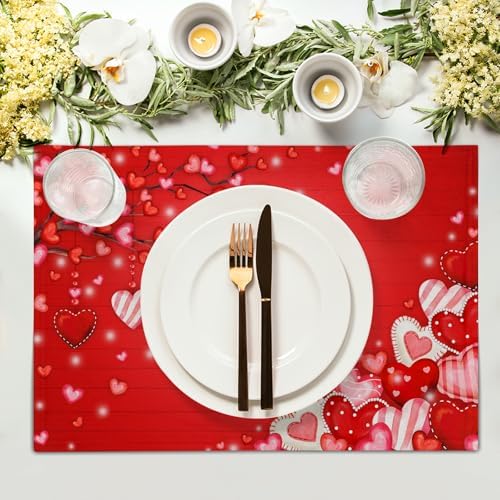 Valentine's Day Placemats Set of 6 18x12 Inch Red Heart Galentines Linen Place Mat Heat-Resistant Washable Wipeable Mothers Day Table Mat for Party Kitchen Dining Home Decor
