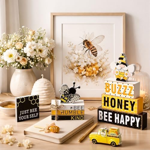 11 Pcs Bee Table Decorations Bee Tiered Tray Decorations Set Gnome Stack Signs Honey Farmhouse Rustic Wooden Table Centerpieces for Home Party
