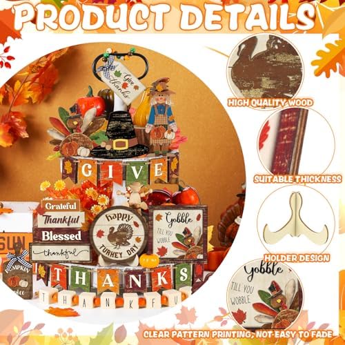 Maitys 21 Pcs Thanksgiving Tiered Tray Decor Set Fall Pumpkin Gnome Truck Scarecrow Wood Sign Rustic Farmhouse Decor Hello Fall Wood Bead Decorative Tabletop Sign for Autumn Thanksgiving Day(Cute)