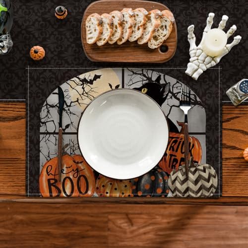 Artoid Mode Boo Black Cat Pumpkins Halloween Placemats Set of 6, Trick Or Treat 12x18 Inch Seasonal Fall Holiday Table Mats for Party Kitchen Dining Decoration