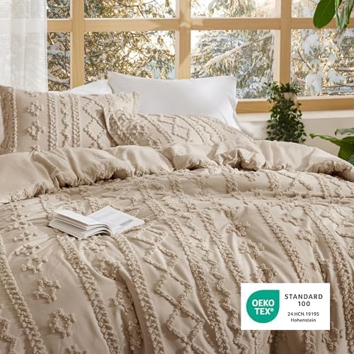 Bedsure Tufted Boho Comforter Set California King Size - Light Brown Boho Bed Set, GentleSoft™ 3 Pieces Farmhouse-Style