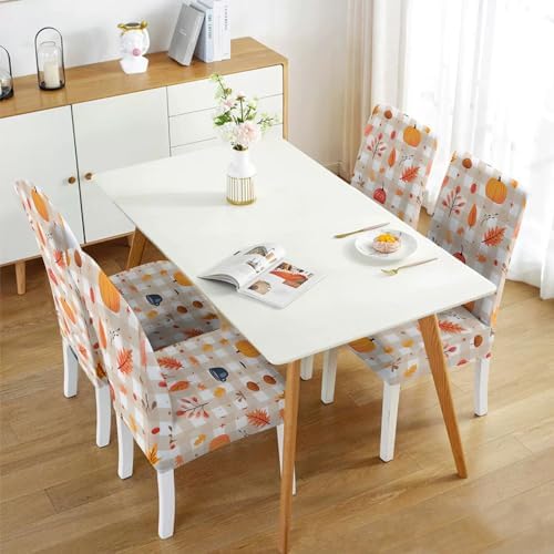 4 Pcs Fall Dining Chair Covers, Autumn Pumpkin Maple Leaves Buffalo Check Stretch Removable Washable Seat Slipcovers, Thanksgiving Kitchen Dining Room Hotel Decor