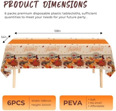 6 Pack Thanksgiving Turkey Disposable Plastic Tablecloth 54" x 108" Autumn Party Table Cloths Disposable for Thanksgiving Party Decorations Indoor or Outdoor Birthdays Buffet Table