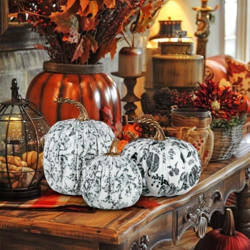 3 Pcs Velvet Fake Pumpkins, Black and White Fall Decor for Home Indoor