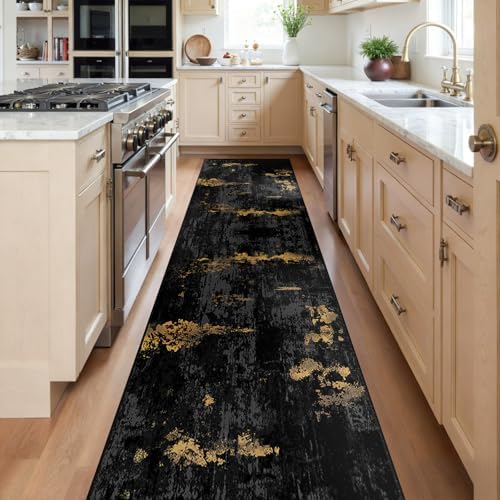RELEANY Washable Runner 2'x10' Abstract Area Rug for Hallway Black Gold