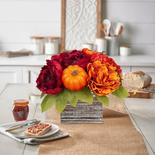 DILATATA Fall Decor Autumn Harvest Pumpkins Centerpiece - Artificial Peony Arrangement in Wooden Box for Thanksgiving Party Mantel Fall Decor