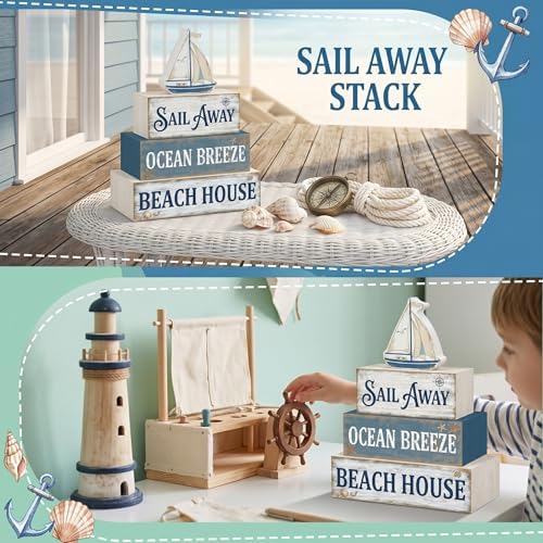 Britimes Tiered Tray Decor Set, 4 Pack, Wooden Table Sign, Nautical Ocean