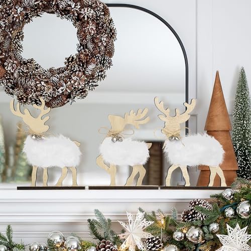 COCHIE Cute Christmas Tiered Tray Decor Indoor, Wooden Reindeer Christmas Tabletop Decorations and Xmas Tree Centerpiece, Reindeer Sign Standing Elk Decor for Home Party Decorations (Fur)