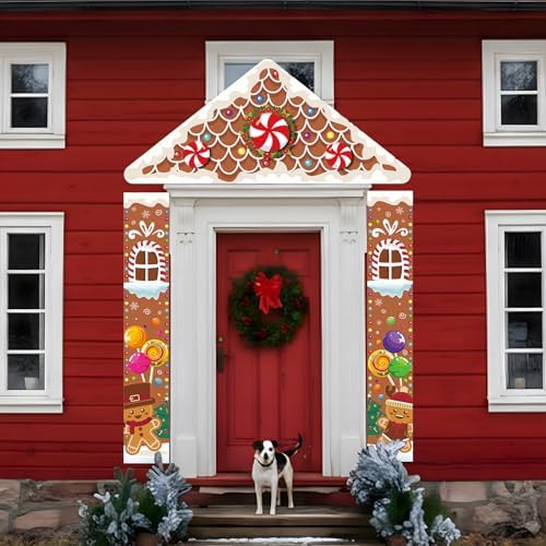 Christmas Gingerbread House Decorations Xmas Candy Door Covers Gingerbread House Party Porch Banner Backdrop Merry Christmas Hanging Decor for Front Door Holiday Home Party Supplies