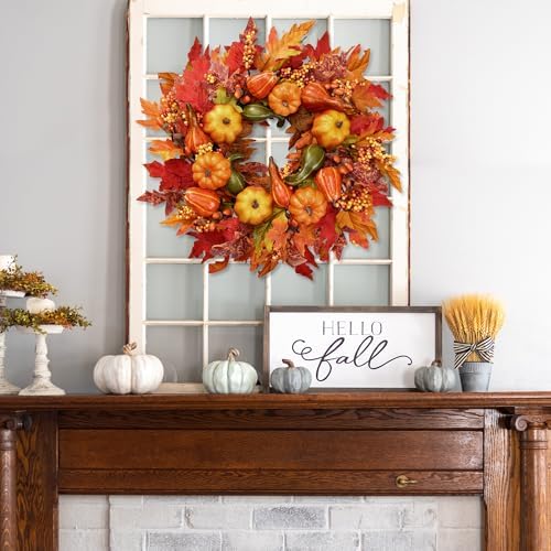 Sggvecsy Fall Wreath 23’’ Artificial Autumn Front Door Wreath with Large Pumpkins Clusters of Berries Maple Leaves Acorn for Outside Indoor Wall Window Festival Thanksgiving Harvest Fall Decor