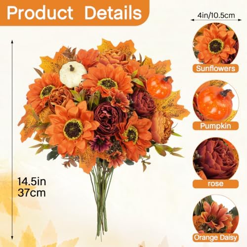 GTIDEA Fall Artificial Flowers, Fall Sunflowers Arrangements with Pumpkin