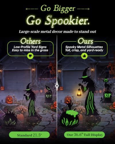 Halloween Decorations Outdoor - 3 Pack Metal Witch Yard Stakes with Solar Lantern, Glow in The Dark Tombstone, Black Cat & Cauldron for Garden Yard Lawn Porch Decor