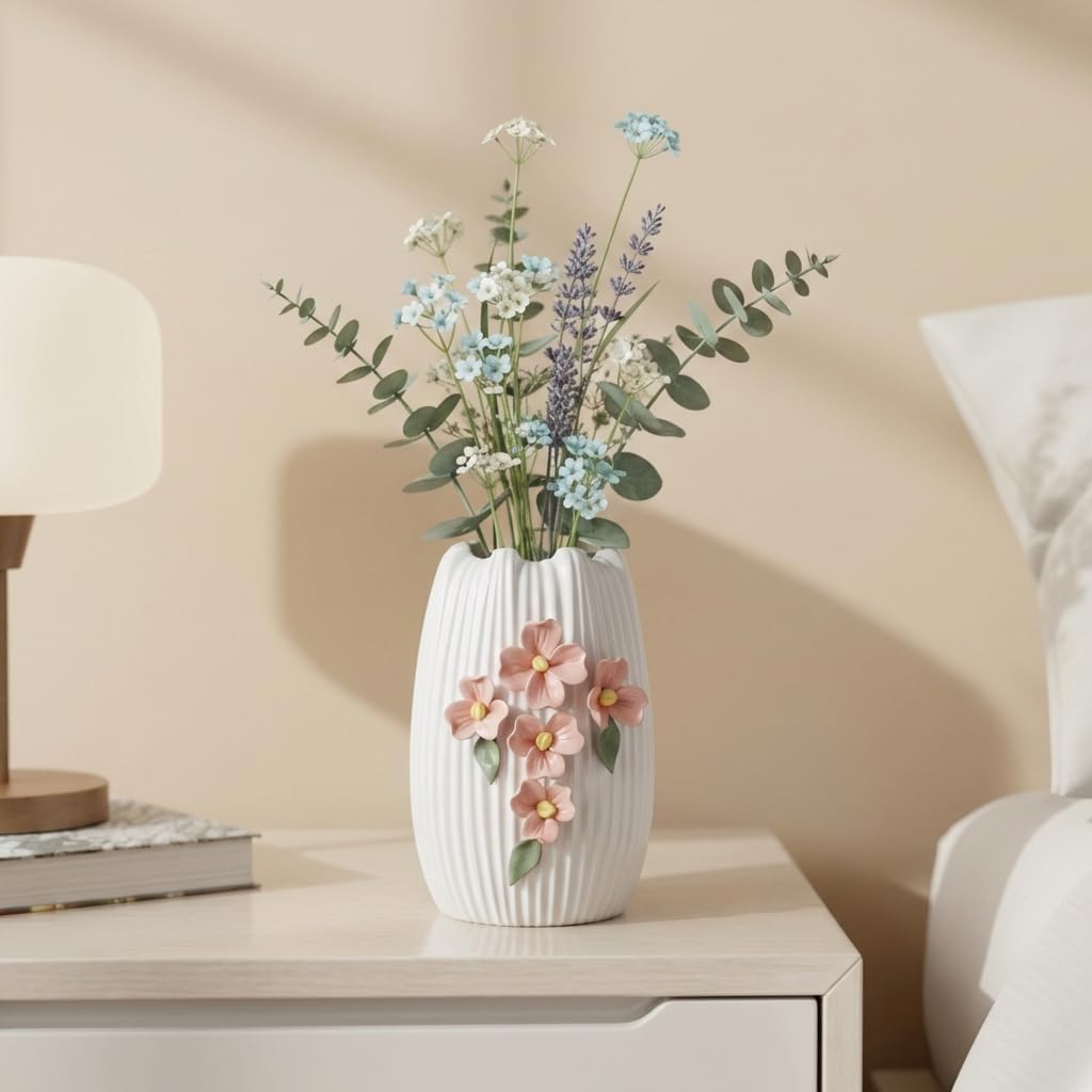 Ceramic Modern Vase for Pampas Grass / White and Orange / 7 Inch