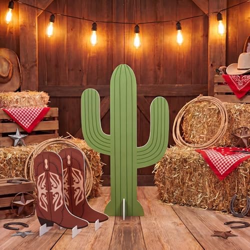 Sliner 3 Pcs Western Cowboy Party Decorations 23-35 Inch Brown Cactus and 2 Boots Shape Cowboy Photography Booth Prop for Western Birthday Wedding Theme Party Supplies
