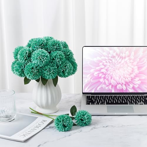 SITUMEIZI 12 Pcs Teal Flowers Artificial Chrysanthemums, Fake Mums