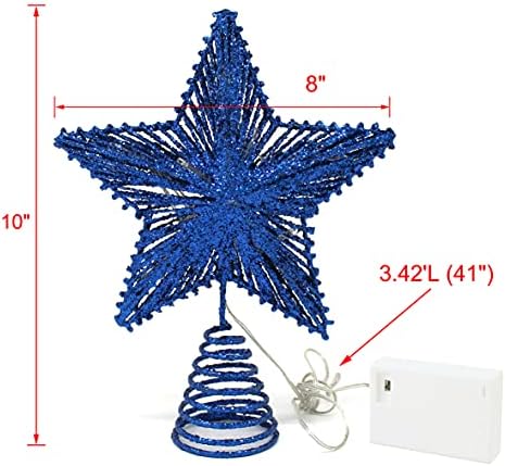 CVHOMEDECO. Blue Glittered 3D Tree Top Star with Warm White LED Lights and Timer for Christmas Ornaments and Holiday Seasonal Décor, 8 x 10 Inch