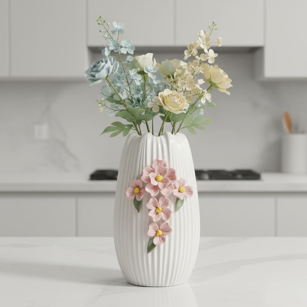 Ceramic Flower Vase / White and Pink / 9 Inch