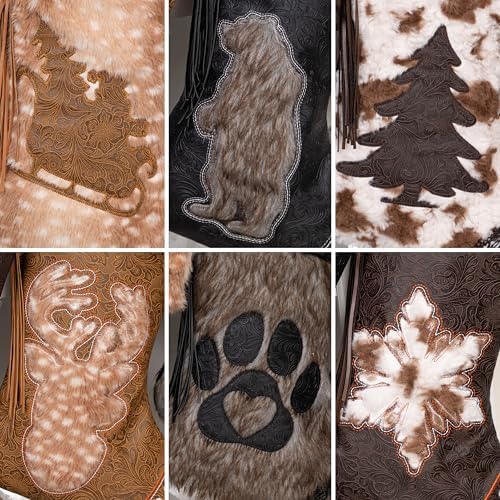LUBOT Christmas Stockings Set of 6, Western Cowboy 20" Rustic Farmhouse Fireplace Hanging Décor Neutral Embossed Leather & Plush Faux Fur with Tassel Accents Large Family Xmas Stockings