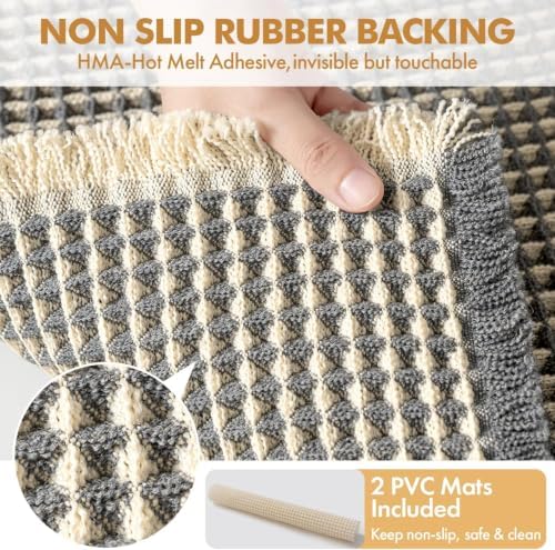 MIULEE Set of 2 Waffle Bathroom Rugs Dark Grey&Yellow 17"x24"+17"x48"