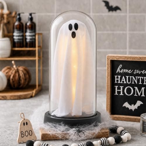 Halloween Decor-Halloween Decorations Indoor-Light Up Ghost in Glass Cloche