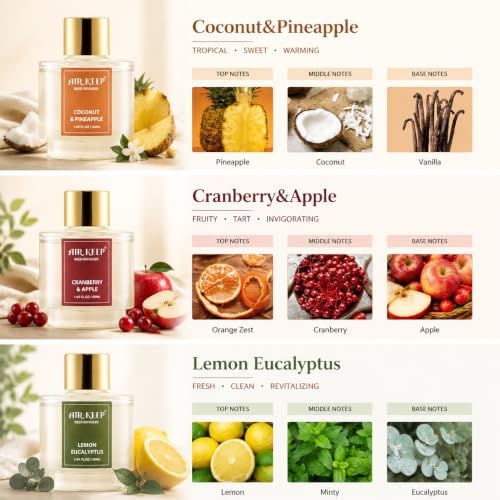 Airkeep Reed Diffuser Set of 3, Coconut Pineapple Lemon Eucalyptus Cranberry Apple Oil Reed Diffusers for Bedroom