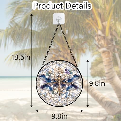 Dragonfly White Florals Stained Glass Window Hanging Suncatcher Gifts 9.8"
