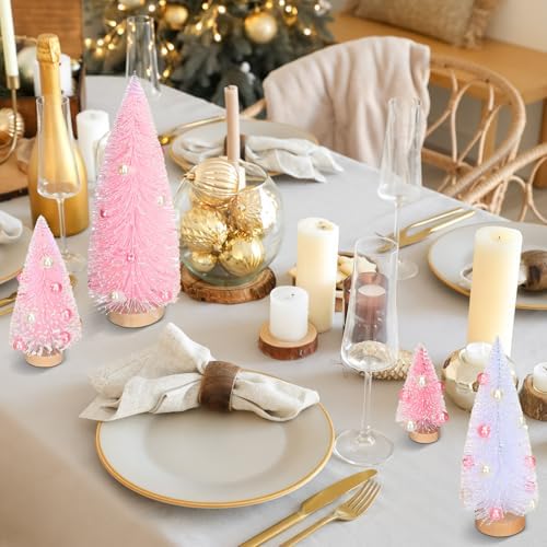 Leyndo 9 Pcs Pink Pearl Artificial Mini Christmas Tree with Wood Base