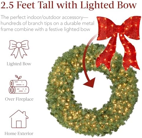 Best Choice Products 30in Large Artificial Pre-Lit Fir Christmas Wreath Holiday Accent Decoration for Door, Mantel w/Red Lighted Bow, 130 LED Lights, 220 PVC Tips, Power Plug-in