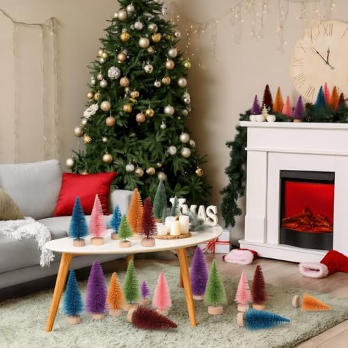 Leyndo 24 Pcs Colorful Sisal Bottle Brush Trees Mini Christmas Tree