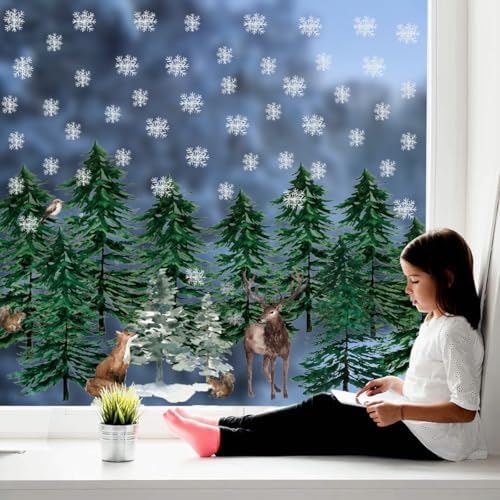 Horaldaily 35 PCS Christmas Window Cling Sticker, Green Xmas Trees Deer Squirrel Rabbit for Home Party Supplies Shop Window Glass Display Decoration