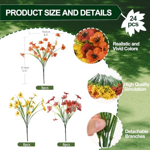 INQCMY 24 Pcs Artificial Mums for Outdoors Planters Fake Flowers Fall Decor