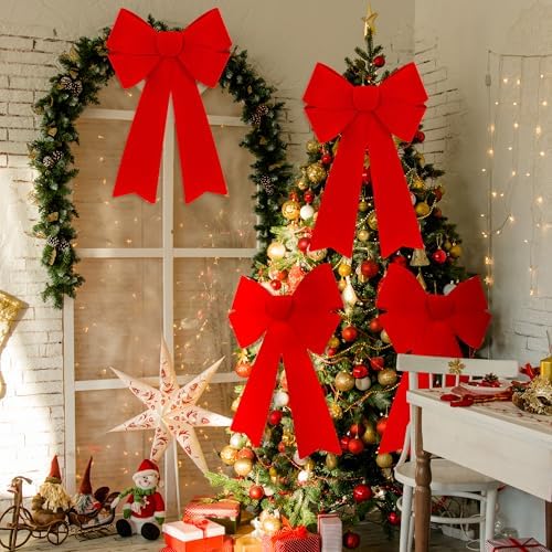 Heartome 4 PCS Red Bows Christmas Decorations, 12 x 18 Inches Outdoor Christmas Bows, Red Velvet PVC Hanging Large Xmas Decor Indoor Outdoor Velvet Xmas Party Supplies for Wreath Stairs
