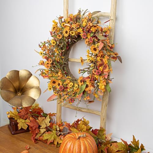 J'FLORU Artificial Fall Wreath 22 Inch Fall Wreaths for Front Door Autumn Porch Farmhouse Thanksgiving Day Harvest Festival