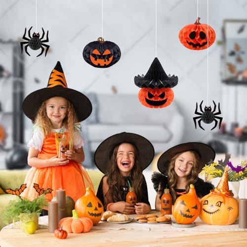 Konsait Halloween Hanging Decorations - 5 Pack Paper 3D Spider Pumpkin Decor with Facial Expressions Stickers for Indoor Outdoor Halloween Decorations