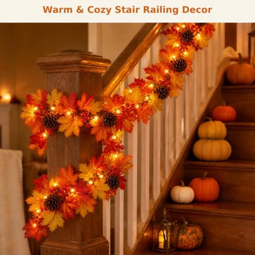 Fall Decorations for Home 9FT Lush Fall Garland with Lights Plug in, 50 Orange Bulbs Fuller and Thicker Fall Leaves