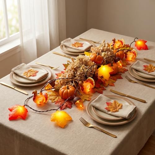 8.5Ft Fall Thanksgiving Decor String Lights, 10 LED Maple Leaves Acorn Turkey Lights Home Porch Fireplace Autumn Harvest Party, Indoor Outdoor Thanksgiving Decor, Plug in