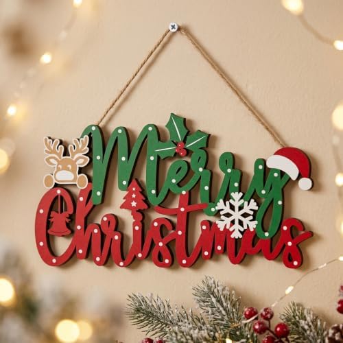 Merry Christmas Sign for Front Door Decor - 2 in 1Wooden 11.8 Inch × 6.7inch Christmas Wreath Wall Hanging or Tabletop Centerpiece for Door, Table, Fireplace
