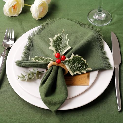 wonlex Farmhouse Napkin Ring Buckle Set of 12, Natural Rustic Serviette Buckles Holder for Table Decoration, Wedding, Thanksgiving Day,Christmas(Holly)