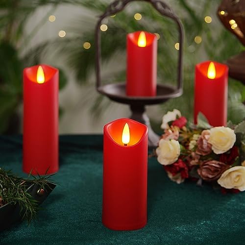 Homemory Christmas Flameless Candles, Battery Operated Candles with Remote Timers, Electric Fake Candles for Home, Christmas Decoration, Made of Plastic, Red/Burgundy, Set of 9