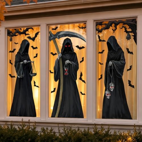 Halloween 3 PCS Large Window Cling Grim Reaper Bat Decals Stickers Decor